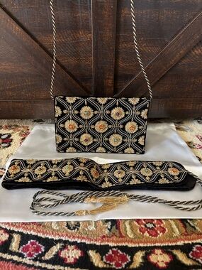 Vintage Zardozi Black Velvet Clutch &Matching Belt Set | Gold Bullion Embroidery